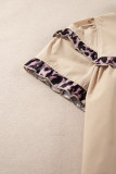 Smoke Gray Leopard Ruffles Trim Tiered Short Sleeve Blouse