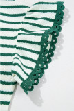 Green Stripe Scallop Lace Trim Ruffle Short Sleeves Crewneck Top