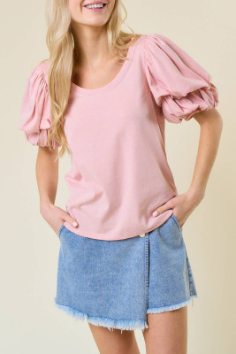 Light Pink Scoop Neck Bubble Sleeve Blouses