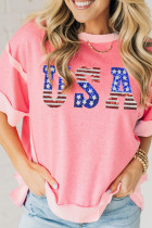 Peach Blossom USA Color Block High Low Crew Neck T Shirt