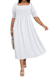 White Swiss Dot Smocked Frilled Neckline Short Sleeve Plus Size Dress