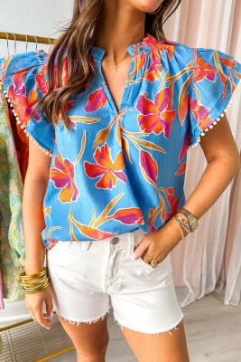 Sky Blue Floral Print V Neck Pompom Trim Flutter Sleeve Blouse