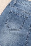Dusk Blue Pearl Beaded Raw Hem Medium Wash Denim Shorts