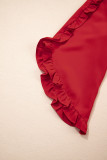Fiery Red Ruffle Trimmed 3/4 Sleeve Round Neck Blouse
