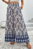Blue Boho Pattern Print High Waist Wide Leg Loose Pants
