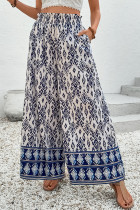 Blue Boho Pattern Print High Waist Wide Leg Loose Pants