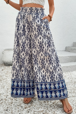 Blue Boho Pattern Print High Waist Wide Leg Loose Pants