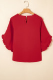 Fiery Red Ruffle Trimmed 3/4 Sleeve Round Neck Blouse