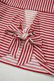 Red Stripe Bowknot Cutout Back Drop Shoulder Wide Bracelet Sleeve Loose Tee