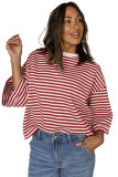 Red Stripe Bowknot Cutout Back Drop Shoulder Wide Bracelet Sleeve Loose Tee