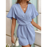 Blue Textured Ruffle Sleeves Romper 