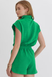 Bright Green Textured Short Sleeve Half Zip Drawstring Waist Romper