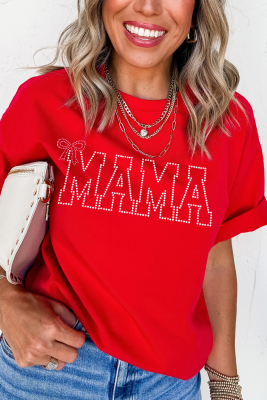 Red Rhinestone MAMA Bow Knot Pattern Crew Neck Loose Tee