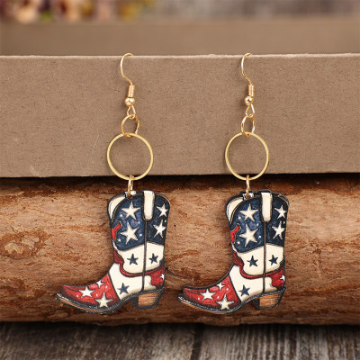 Independence Day Western Boots Wooden Earrings