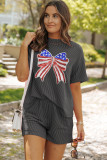 Carbon Grey Independence Day Sequin Bow Graphic Twist Rib Textured Short Set