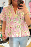 Pink Floral Print Drawstring V Neck Peplum Blouse