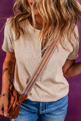 Oatmeal Short Sleeve Half Button Ribbed Knit Top