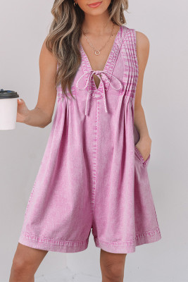 Bonbon Mineral Wash Pleated Bust V Neck Sleeveless Denim Romper