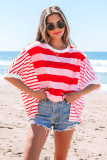 Pink Stripe Patchwork Round Neck Side Split Loose T Shirt