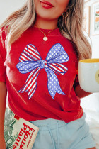 Red American Flag Bow Knot Print Crew Neck T Shirt