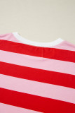 Pink Stripe Patchwork Round Neck Side Split Loose T Shirt