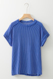 Dark Blue Textured Knit Exposed Stitching T-shirt