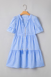 Sky Blue Gingham Short Sleeve Button Tie Split Neck Loose Mini Dress