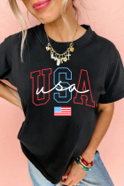 Black USA Letter American Flag Print Casual T Shirt