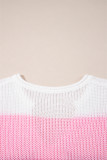 Pink Color Block Notch V Neck Sweater T Shirt