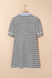 Black Stripe Contrast V Neck Collared Puff Sleeve T Shirt Mini Dress with Pockets