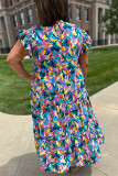 Blue Geometric Print Ruffled Short Sleeve Plus Size Tiered Maxi Dress