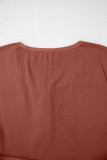 Chestnut Short Sleeve U Neck Buttons Splicing Ruffle Blouse