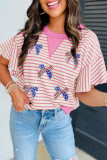 Sachet Pink Sequined American Flag Bow Patched Striped Ruffled Sleeve Blouse