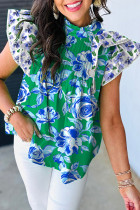 Green Floral Print Lace Trim Contrast Ruffle Sleeve Pleated Loose Blouse