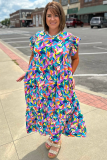 Blue Geometric Print Ruffled Short Sleeve Plus Size Tiered Maxi Dress
