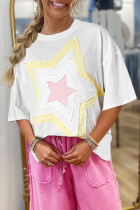 White Star Layered Patched Graphic Drop Shoulder Half Sleeve Loose Tee