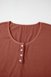 Chestnut Short Sleeve U Neck Buttons Splicing Ruffle Blouse