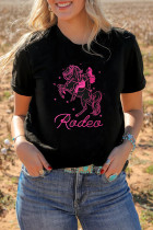 Black Cowgirl Rodeo Embroidered Pattern Western Fashion Tee