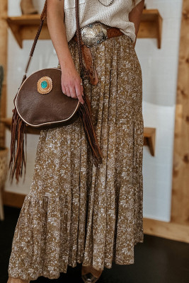 Brown Western Floral Print Ruffled Hem High Waist Loose Maxi Skirt