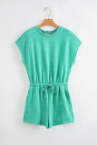 Sea Green Mineral Wash Drawstring Waist Hollow Out Back Short Sleeve Romper