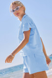 Beau Blue Ribbed Texture Half Zip Ruffled Short Sleeve Top and Shorts Set