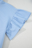 Beau Blue Ribbed Texture Half Zip Ruffled Short Sleeve Top and Shorts Set