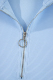 Beau Blue Ribbed Texture Half Zip Ruffled Short Sleeve Top and Shorts Set