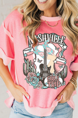 Peach Blossom Girls Trip Nashville Graphic Patchwork Short Sleeve Loose Top