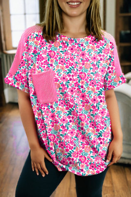 Pink Plus Size Floral Print Corded Patchwork Loose Top