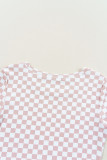 Pink Checkered Ribbed Slim Fit Crew Neck T Shirt