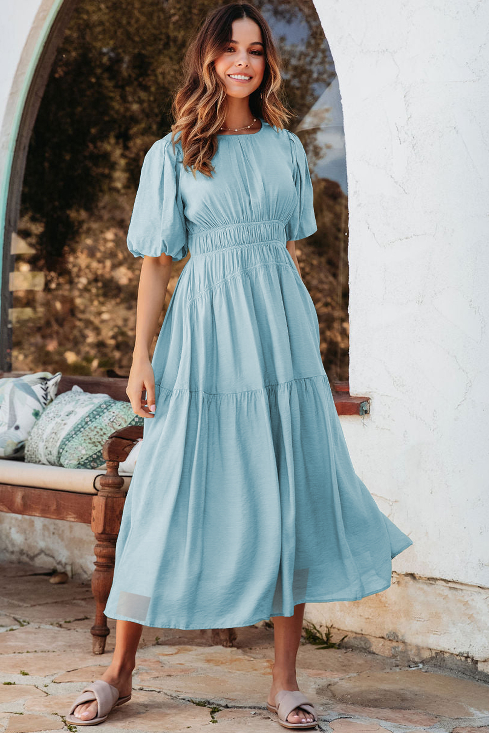 flowy puff sleeve midi dress US$ 28.17 - Light Blue Pleated High Waist feather boa