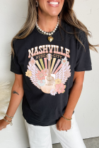 Black Nashville Music City Guitar Angel Wing Graphic Tee