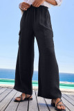 Black Drawstring Frilled Waist Wide Leg Utility Trousers