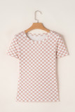 Pink Checkered Ribbed Slim Fit Crew Neck T Shirt